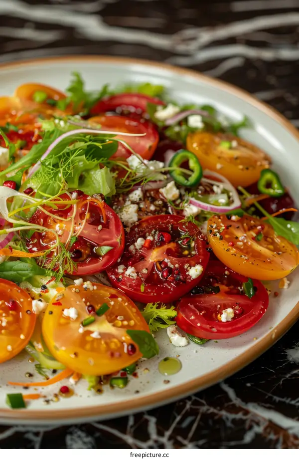 colorful tomato salad with feta cheese and microgreens