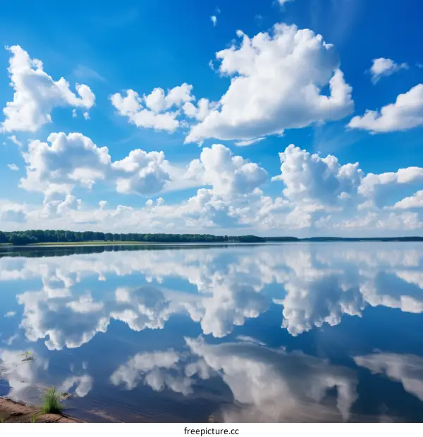 Blue sky and white clouds reflecting on the lake