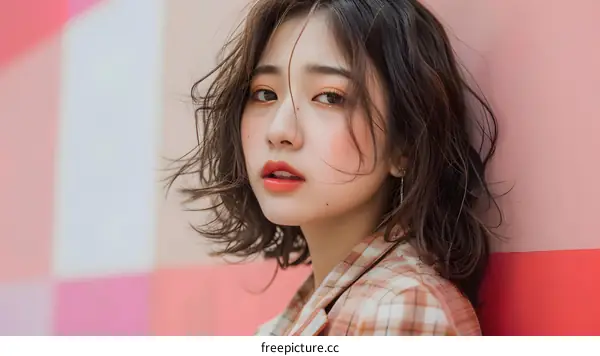 Young Asian Woman with Short Hair Posing Against Pink Wall