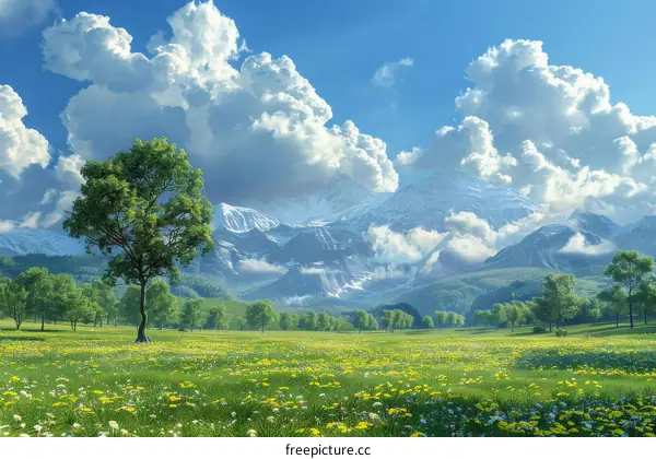 Serene Landscape of Rolling Green Hills and Snow-Capped Mountains