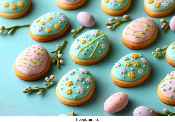 Colorful Easter Egg-Shaped Cookies Decorated with Glaze
