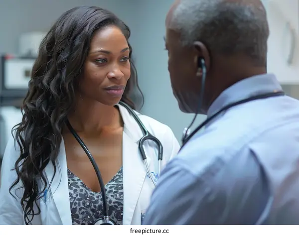 A female doctor is talking to a male patient.