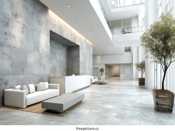 Modern Lobby Interior Design with Gray Concrete Walls