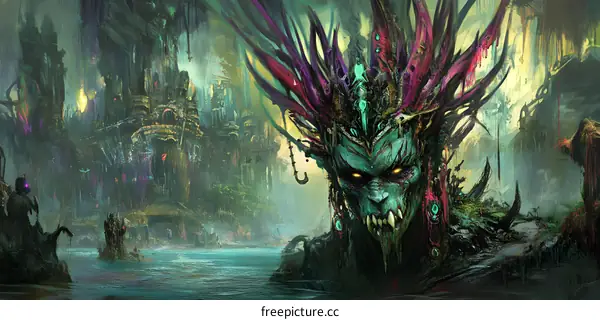 Fantasy Illustration of a Demon with Green Skin and Sharp Teeth