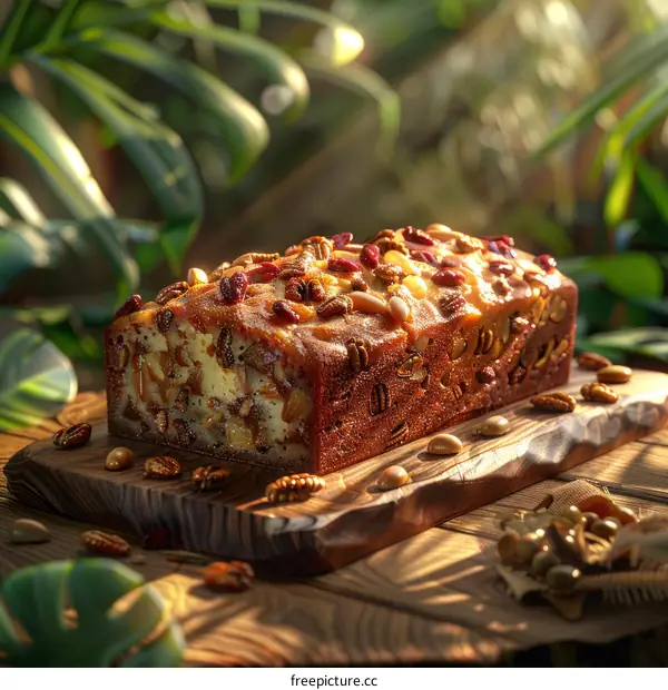 Close-up of a delicious homemade fruit and nut bread on a wooden table