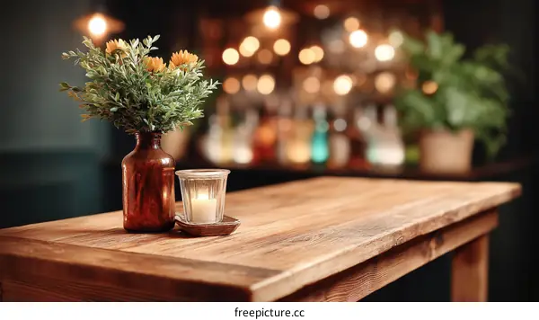 Rustic Wooden Table Setting with Flowers and Candle
