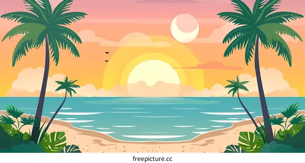 Tropical Beach Sunset Landscape Illustration