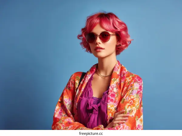 Fashionable Woman in Vibrant Floral Kimono