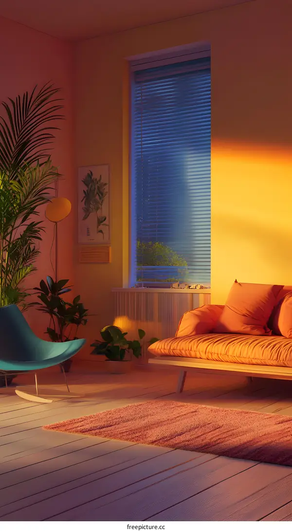 Living Room With Sunset Light and Plants