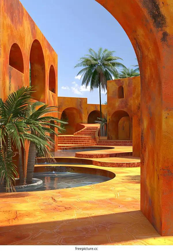 Orange Architecture With Palm Trees and Water Fountain