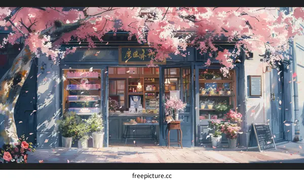 storefront of a Japanese cafe with pink cherry blossoms