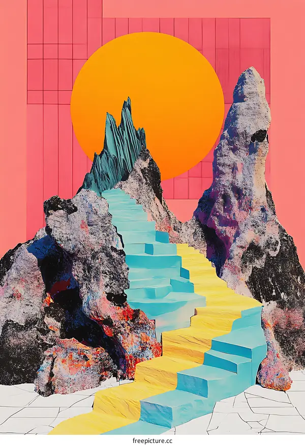 Abstract Surrealist Landscape with Stairway and Sun