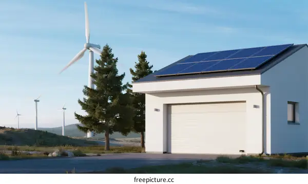Solar Panels and Wind Turbines Powering Modern House