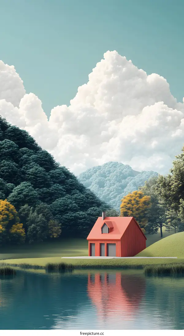 Red House by the Lake with Green Hills and White Clouds
