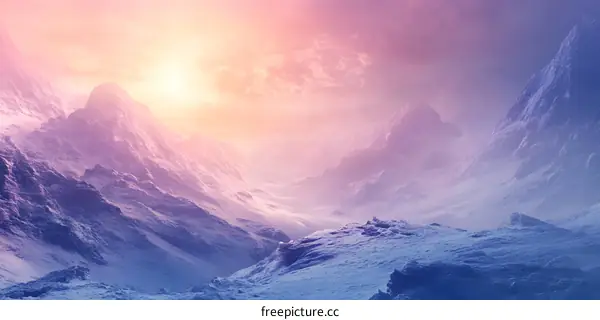 Snowy Mountain Landscape With Pink And Purple Sky