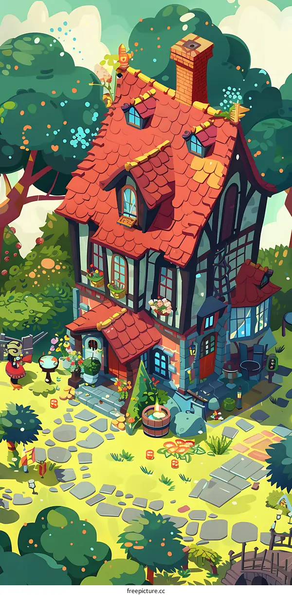 Cute Cartoon Illustration of a House with Red Roof in the Woods