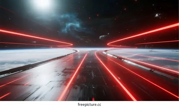 Futuristic Space Road with Glowing Red Lines and Celestial Background