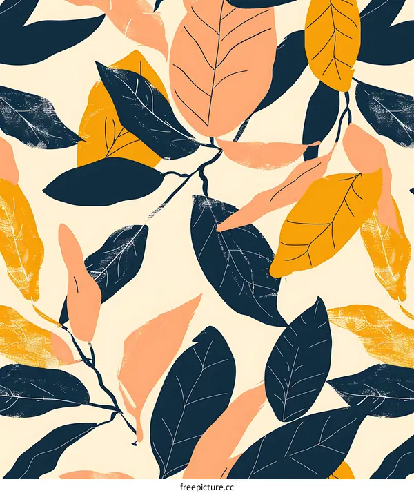 Abstract Seamless Pattern With Yellow Blue And Pink Leaves