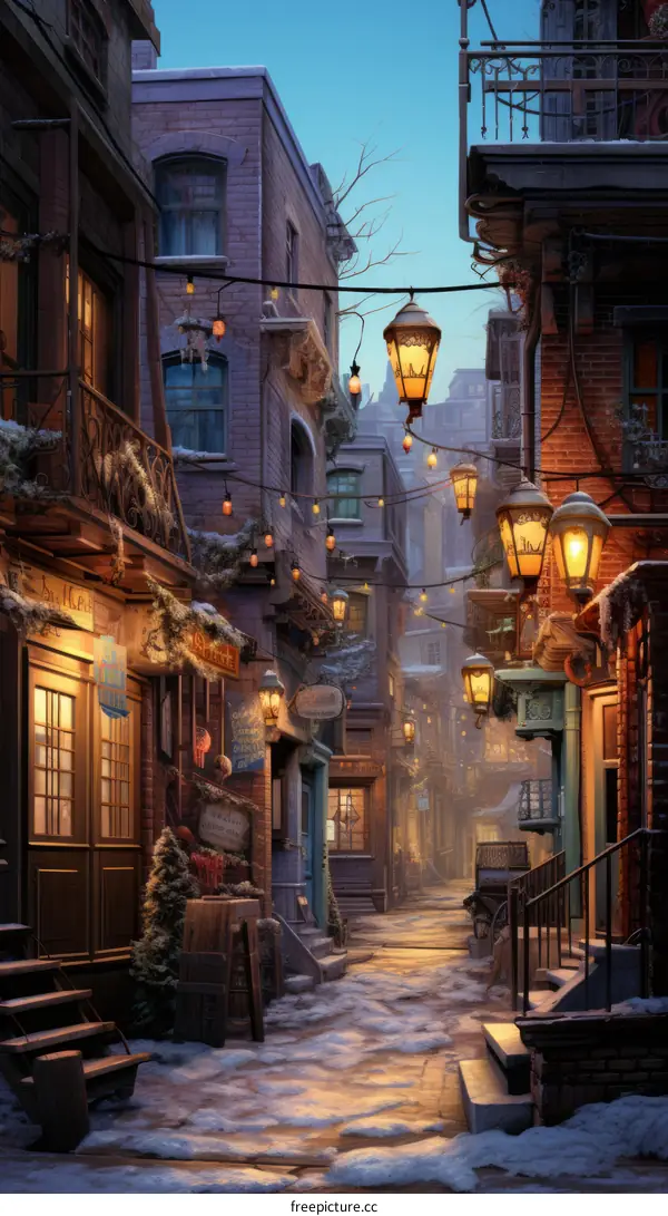 Snowy alleyway with street lamps