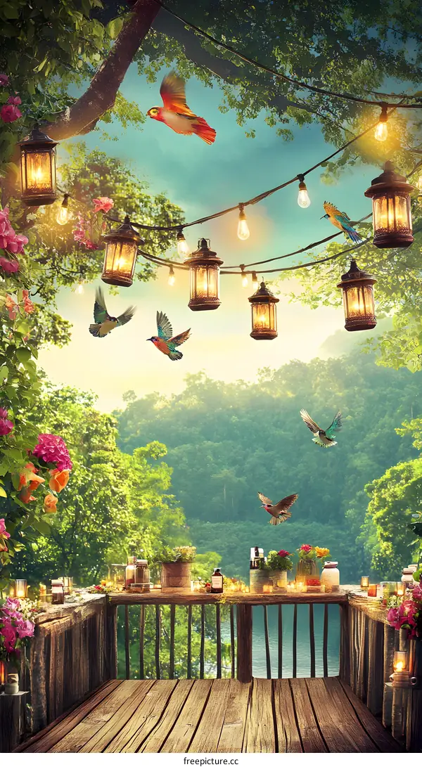 Romantic Evening On Wooden Balcony With Birds and String Lights