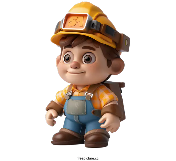 [Transparent Background PNG]A 3D illustration of a miner boy wearing a hard hat