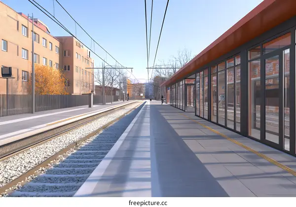 Modern Train Station Platform with Brick Building and Glass Facade
