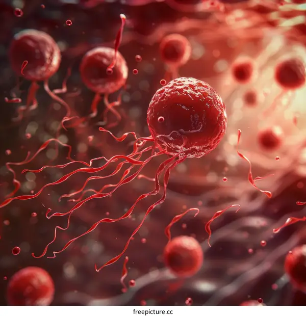 Cancer cells floating in a blood vessel