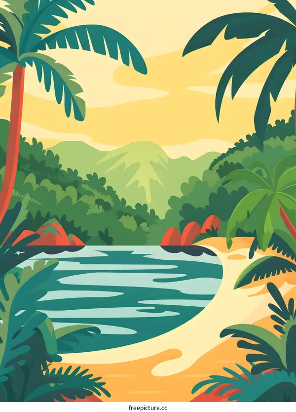 Tropical Beach Landscape Illustration With Palm Trees And Mountains