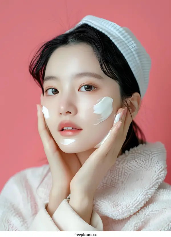 Woman Applying Face Cream on Pink Background
