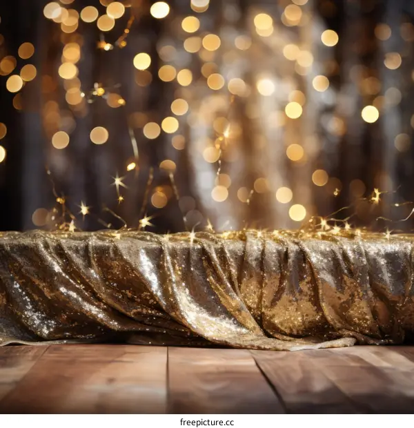 Gold glitter background with stars and wooden table