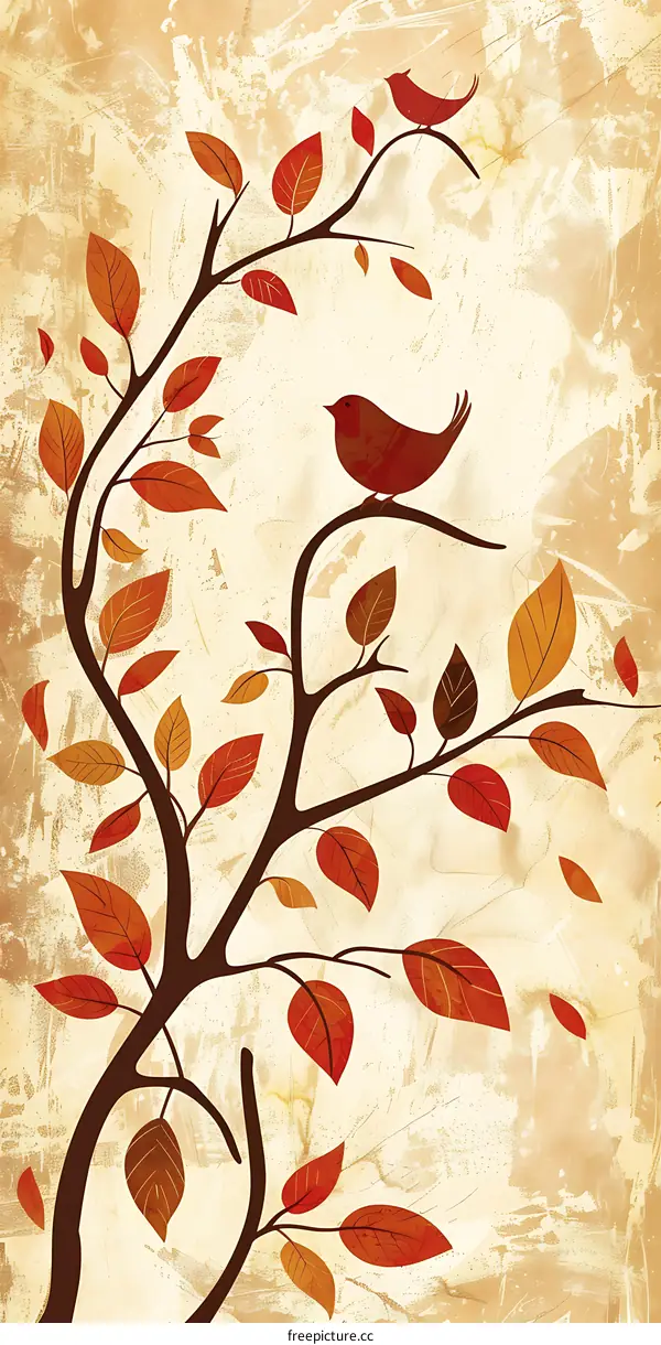 Autumn Leaves Branch with Two Birds Illustration