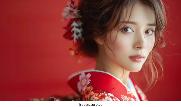 Portrait of a young woman in a red kimono