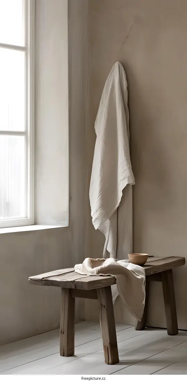 Rustic Wooden Bench with White Cloth Draped over It and a Wooden Bowl