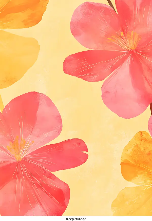 Watercolor Painting of Red and Yellow Flowers on Yellow Background