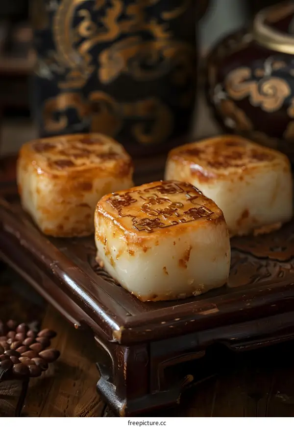 Close Up Of Delicious Chinese Mooncakes On A Wooden Tray