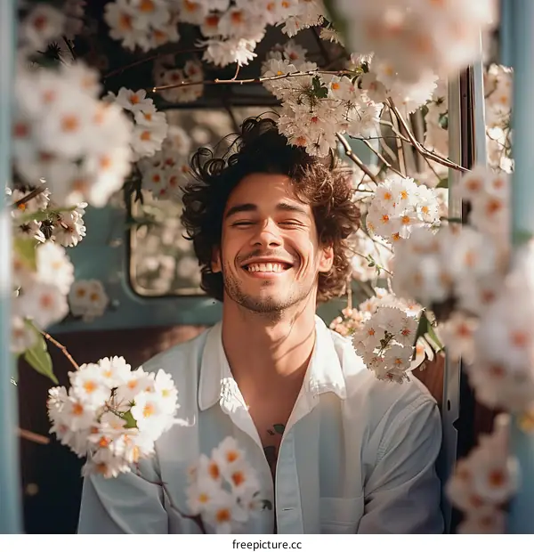 Curly brown-haired man smiling with white flowers in the background
