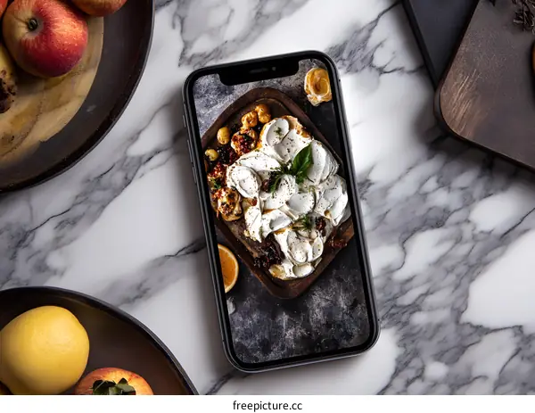 Food Photography on Smartphone Screen on Marble Surface