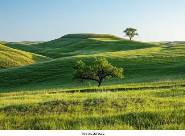 Picturesque green hills under the clear blue sky