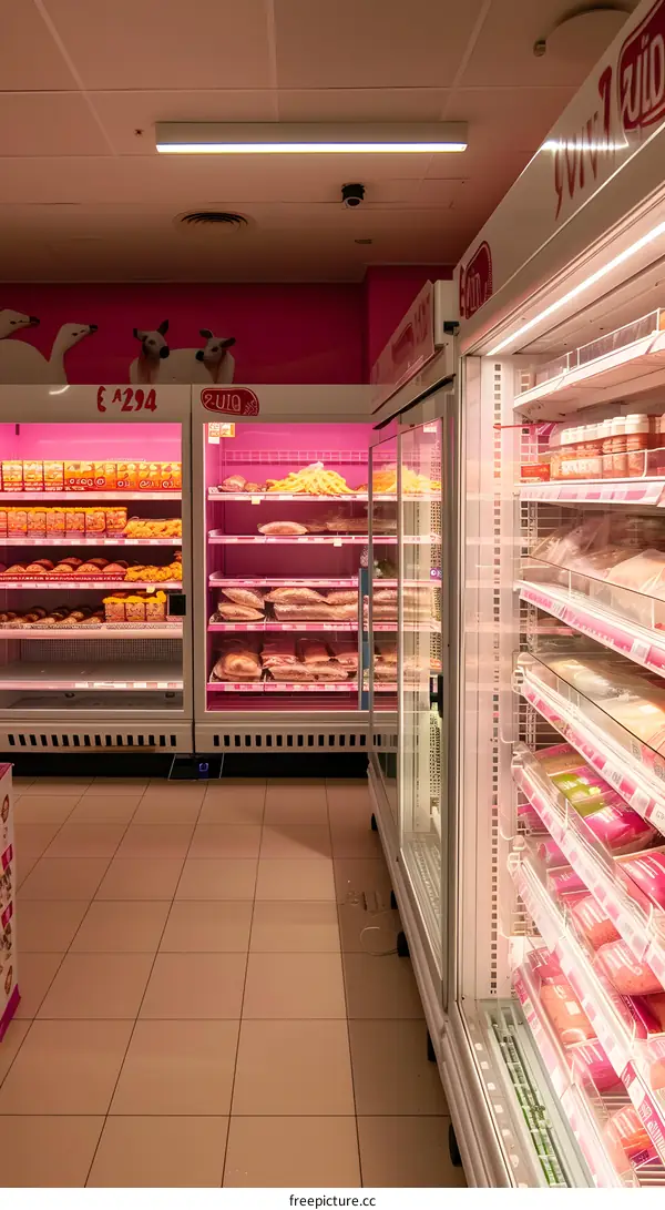 Refrigerator Display in a Supermarket with Products and Pink Lighting