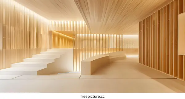 Modern Wooden Interior Design with Stairs and Curved Seating