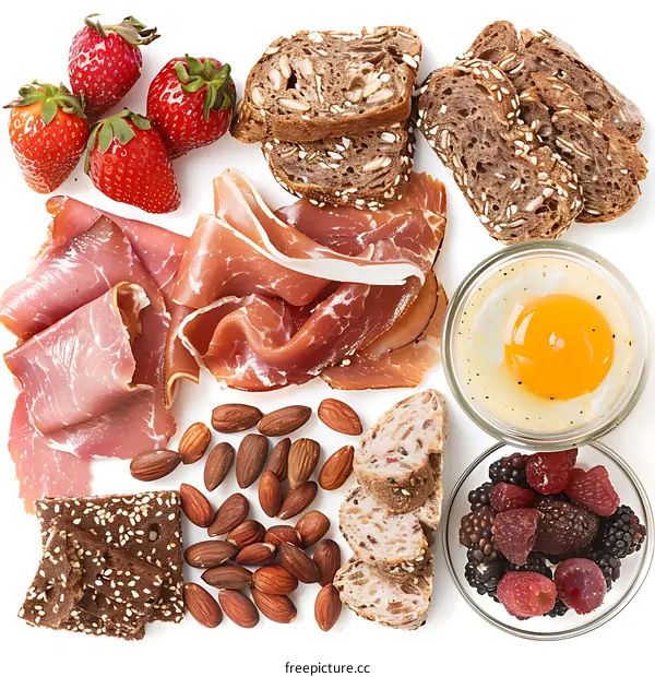 Food Photography: Flat Lay with Ham, Bread, Eggs, Almonds, Berries, and Strawberries