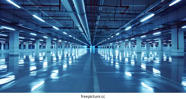 Empty Underground Parking Garage with Fluorescent Lights