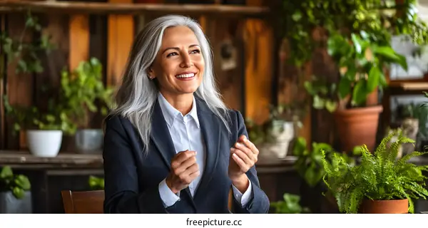 Smiling Senior Businesswoman Sitting in a Green and Wooden Office