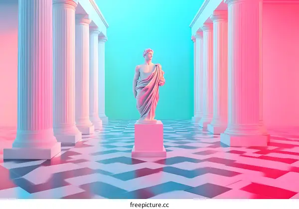 Greek Statue with Neon Lights in a Modern Art Gallery