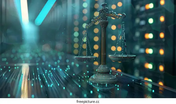 3D rendering of a balance scale made of metal with a blurred background of a circuit board.