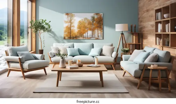 A stylish living room with a large painting of a forest on the wall