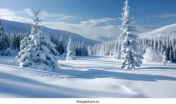 Snowy Mountain Landscape With Pine Trees