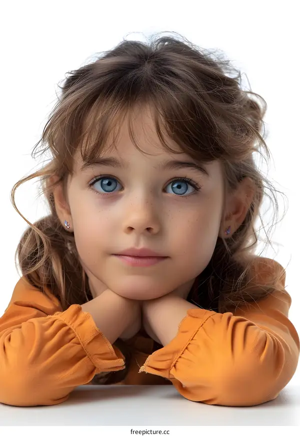Portrait of a cute little girl with blue eyes and freckles
