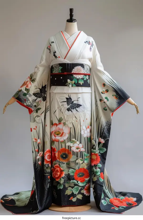 A woman wearing a kimono with a floral pattern
