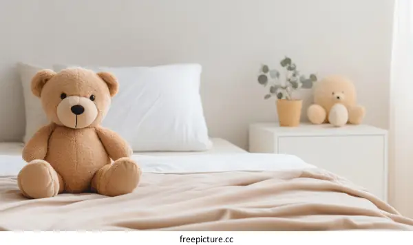 Cozy Teddy Bear on a Bed with Eucalyptus Plant